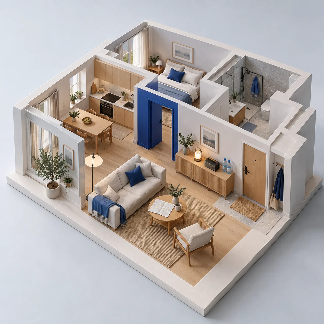 Architektoniczna miniatura mieszkania: przenośna lampa, zapas wody i papierowy plan w spokojnym, domowym wnętrzu.